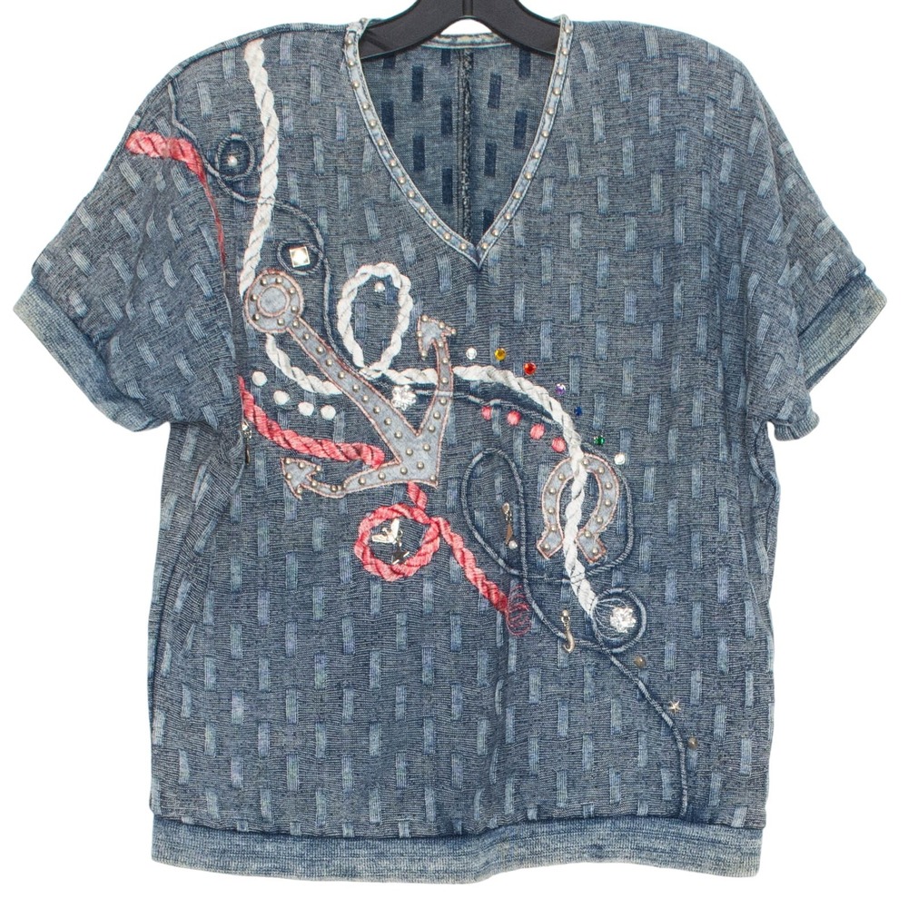 Vintage Denim Top Nautical Coastal Boho Anchor Seaside Maritime Beach Blue Large